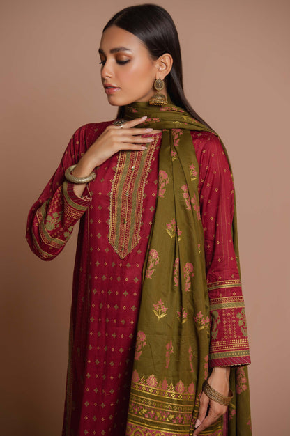 Stitched 3 Piece Printed Gold & Colored Paste Lawn Suit