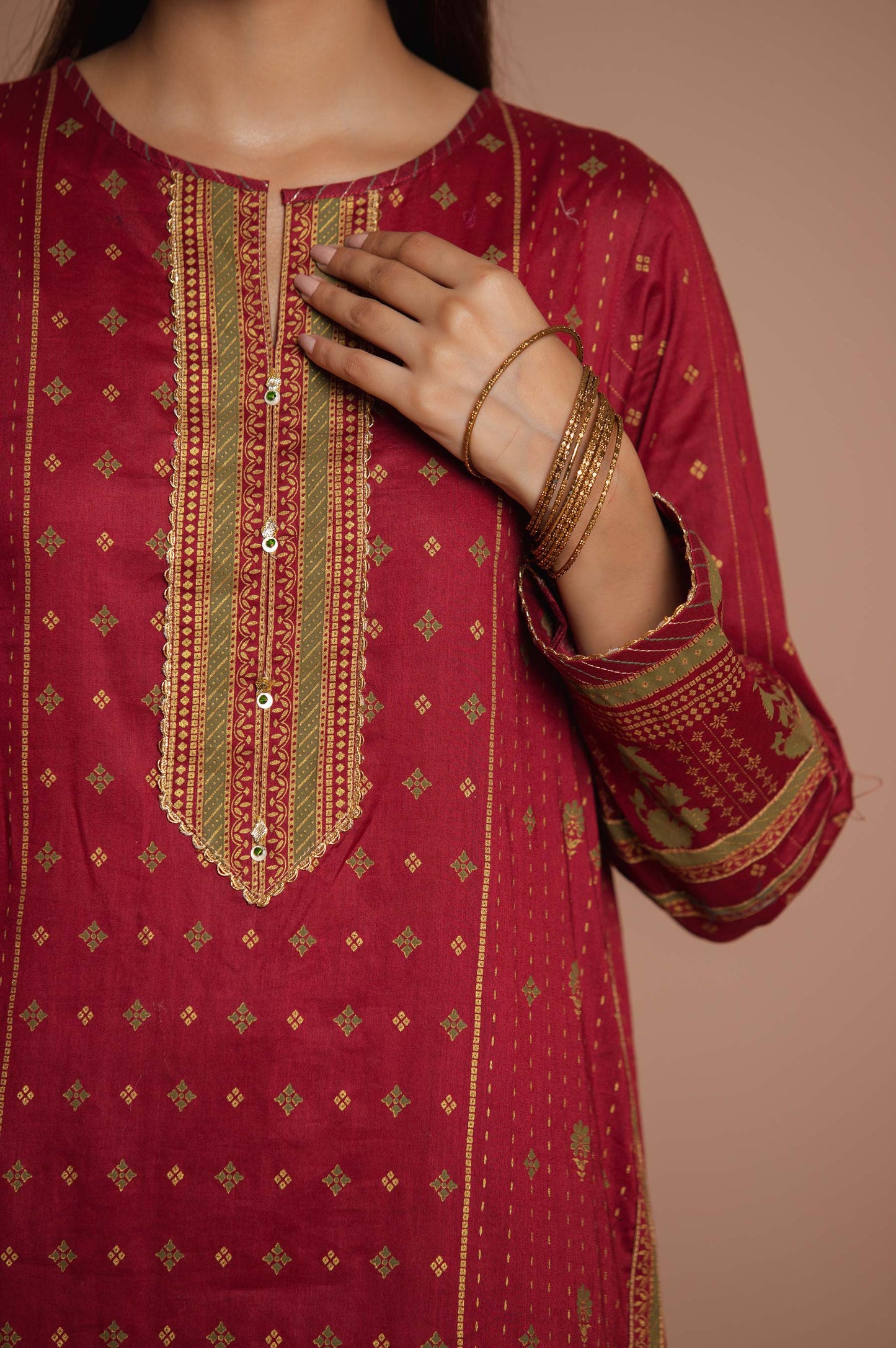 Stitched 3 Piece Printed Gold & Colored Paste Lawn Suit