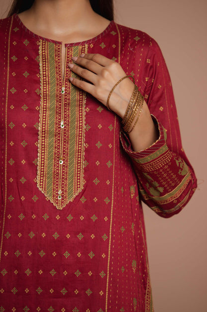 Stitched 3 Piece Printed Gold & Colored Paste Lawn Suit