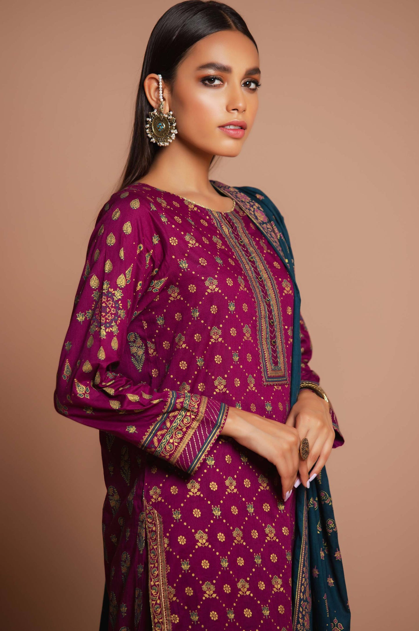 Stitched 3 Piece Printed Gold & Colored Paste Lawn Suit