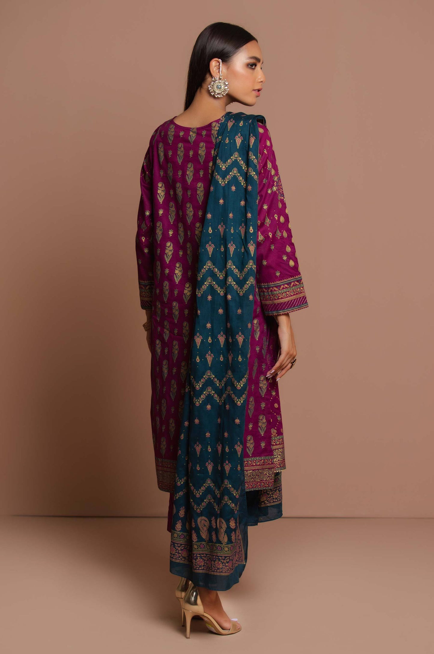 Stitched 3 Piece Printed Gold & Colored Paste Lawn Suit