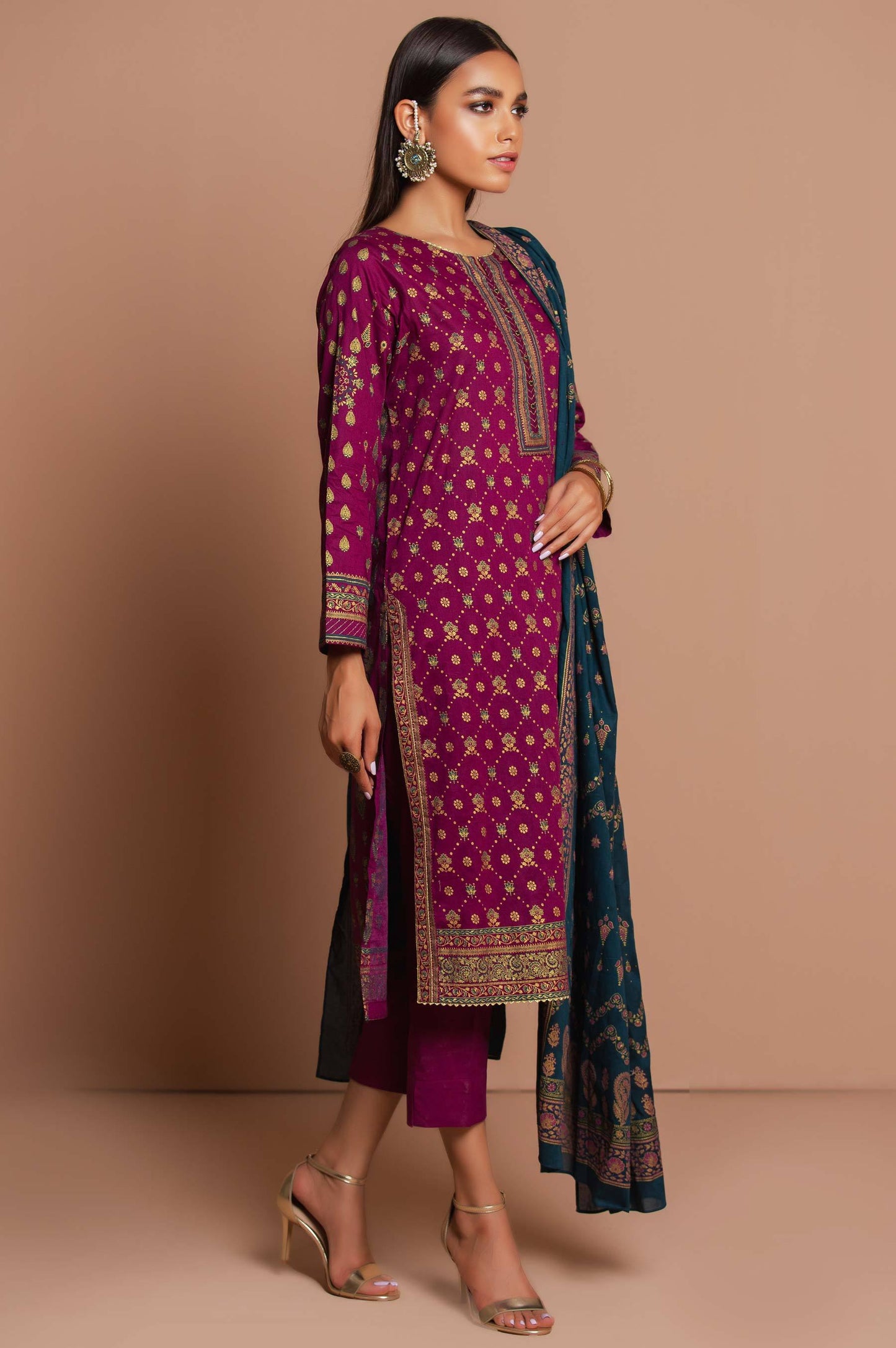 Stitched 3 Piece Printed Gold & Colored Paste Lawn Suit