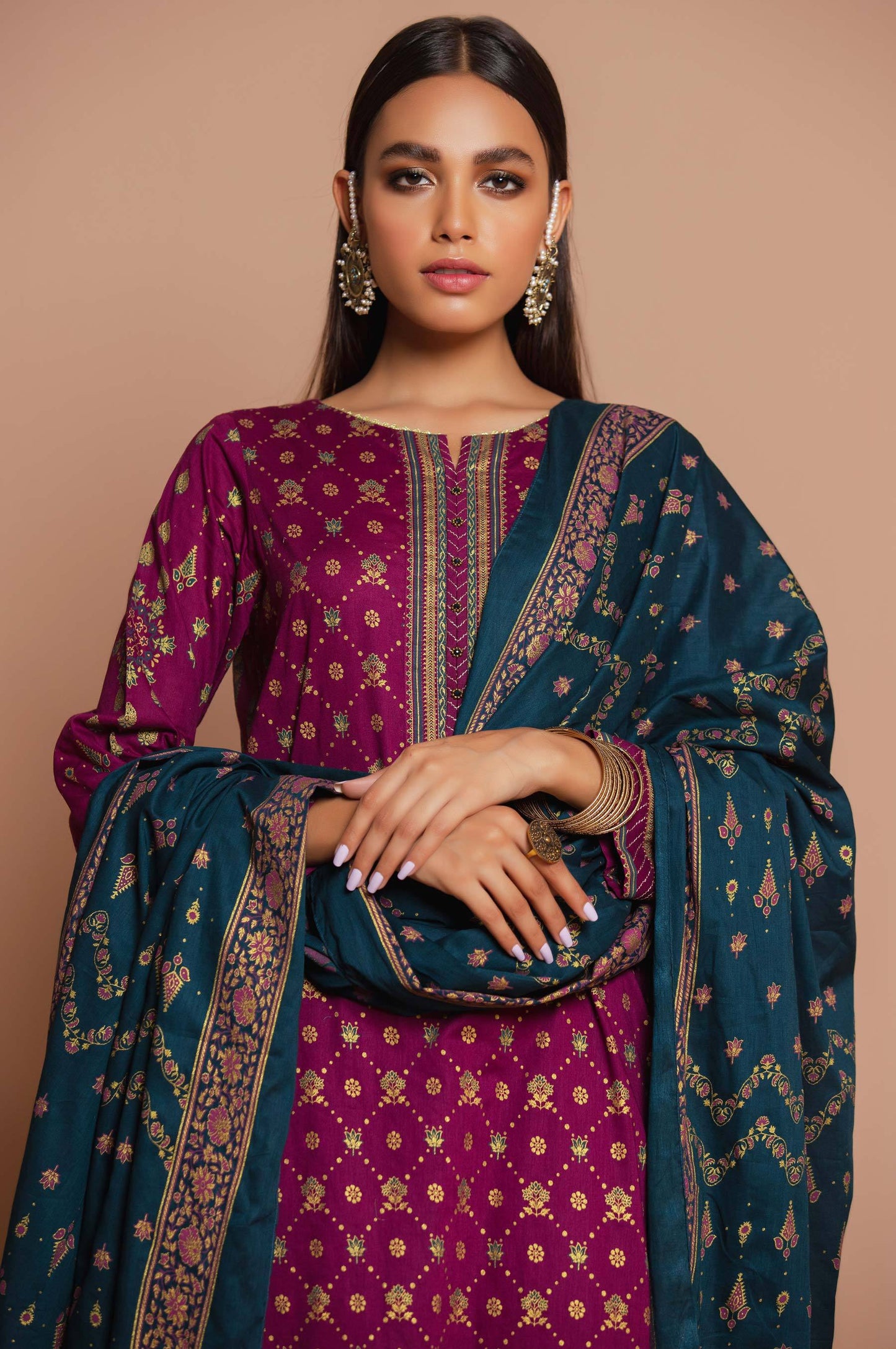 Stitched 3 Piece Printed Gold & Colored Paste Lawn Suit