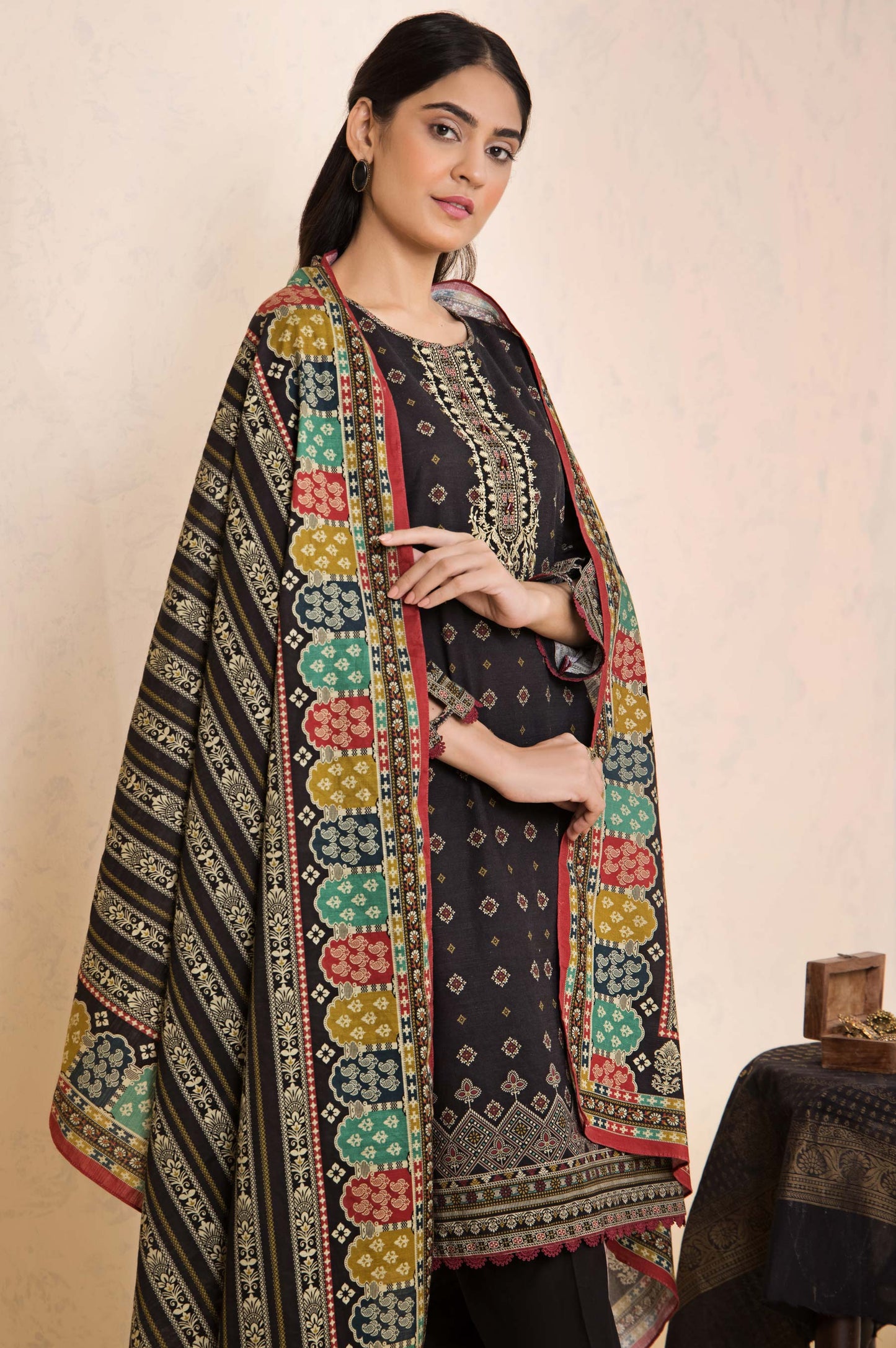 Stitched 3 Piece Embroidered Khaddar Suit