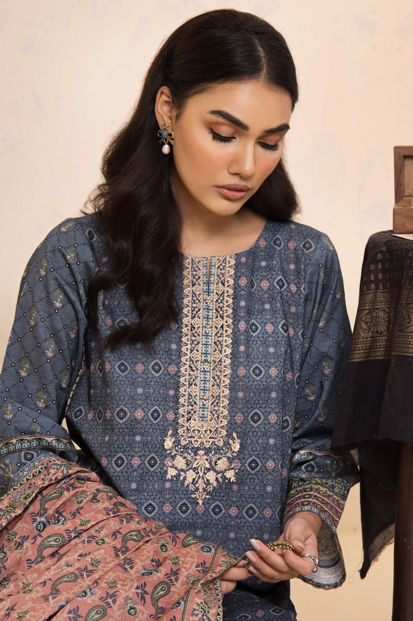 Stitched 3 Piece Embroidered Khaddar Suit