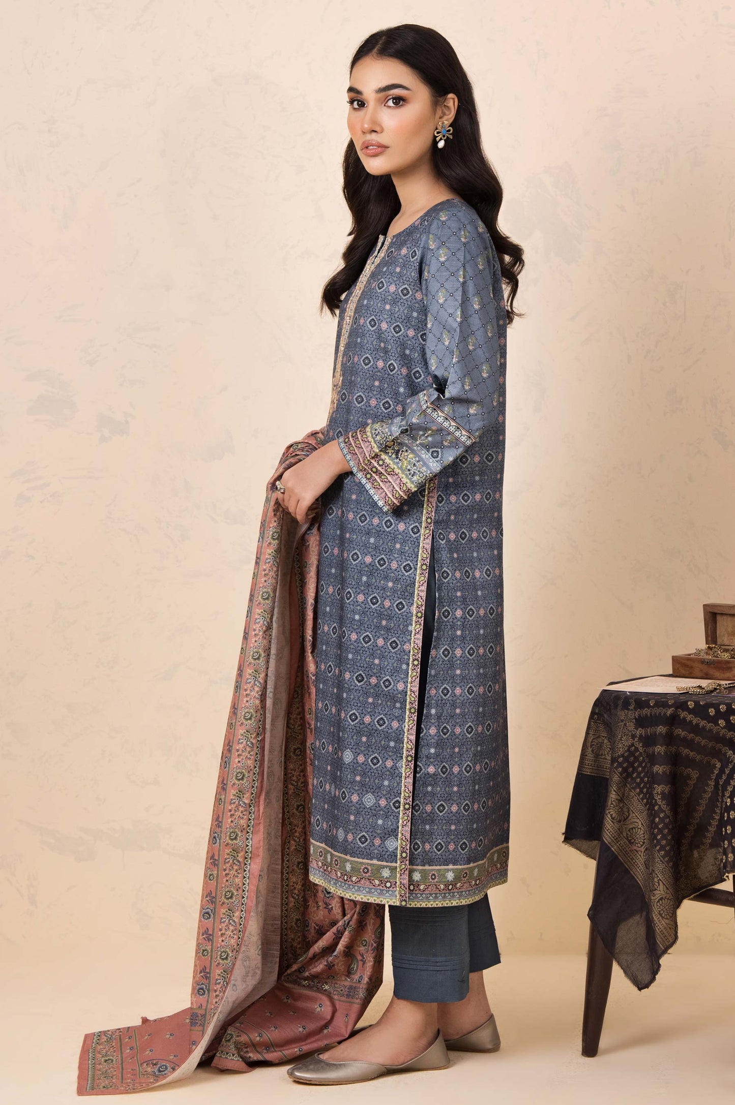 Stitched 3 Piece Embroidered Khaddar Suit