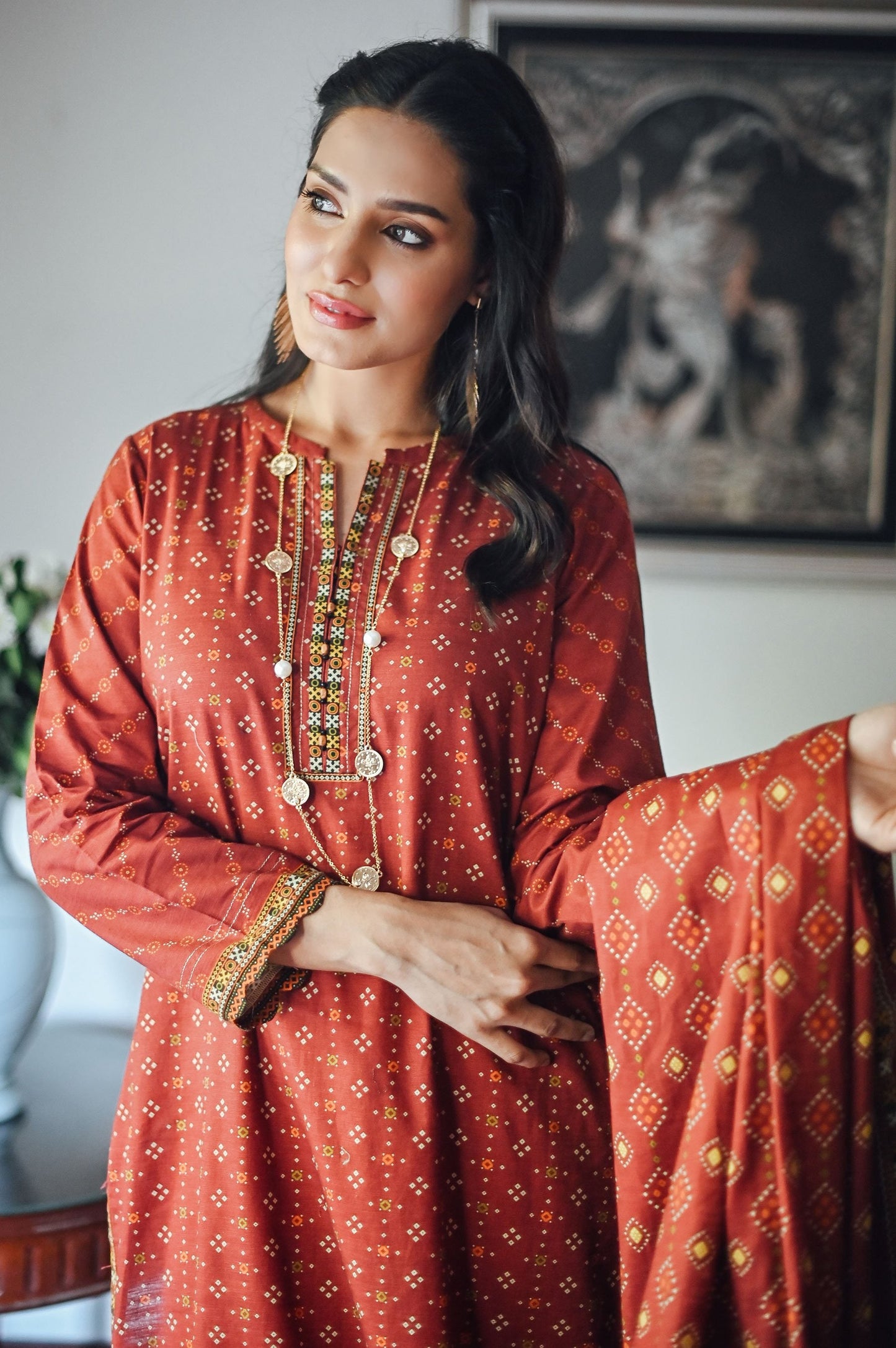 Stitched 3 Piece Printed Doria Linen Viscose Suit