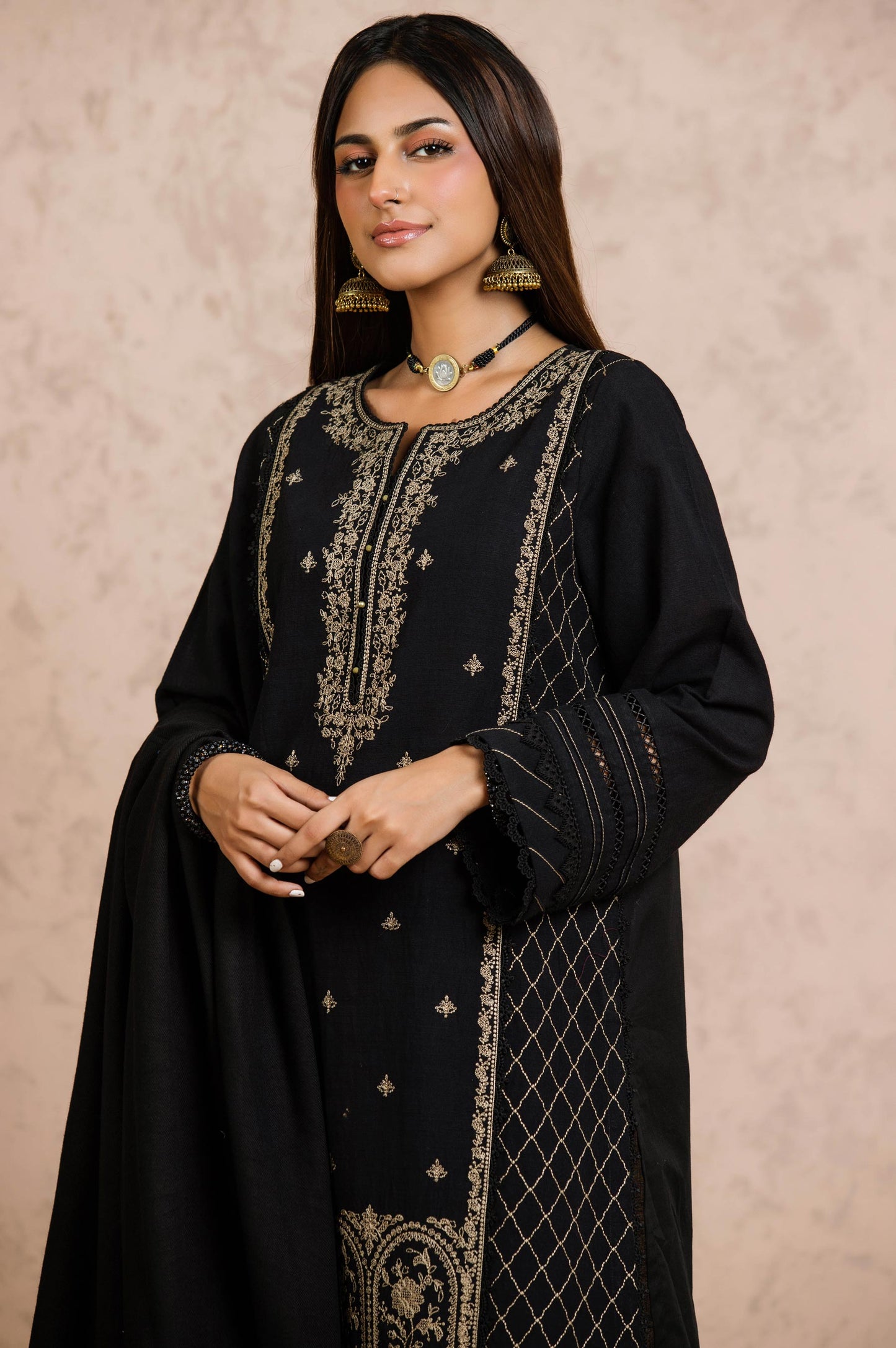 Stitched 3 Piece Embroidered Khaddar with Jacquard Shawl Suit