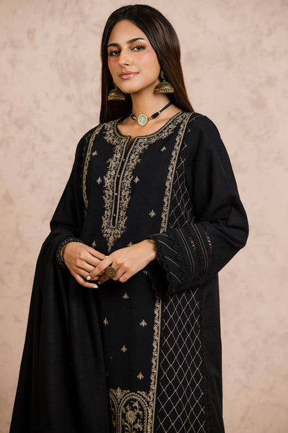 Stitched 3 Piece Embroidered Khaddar with Jacquard Shawl Suit