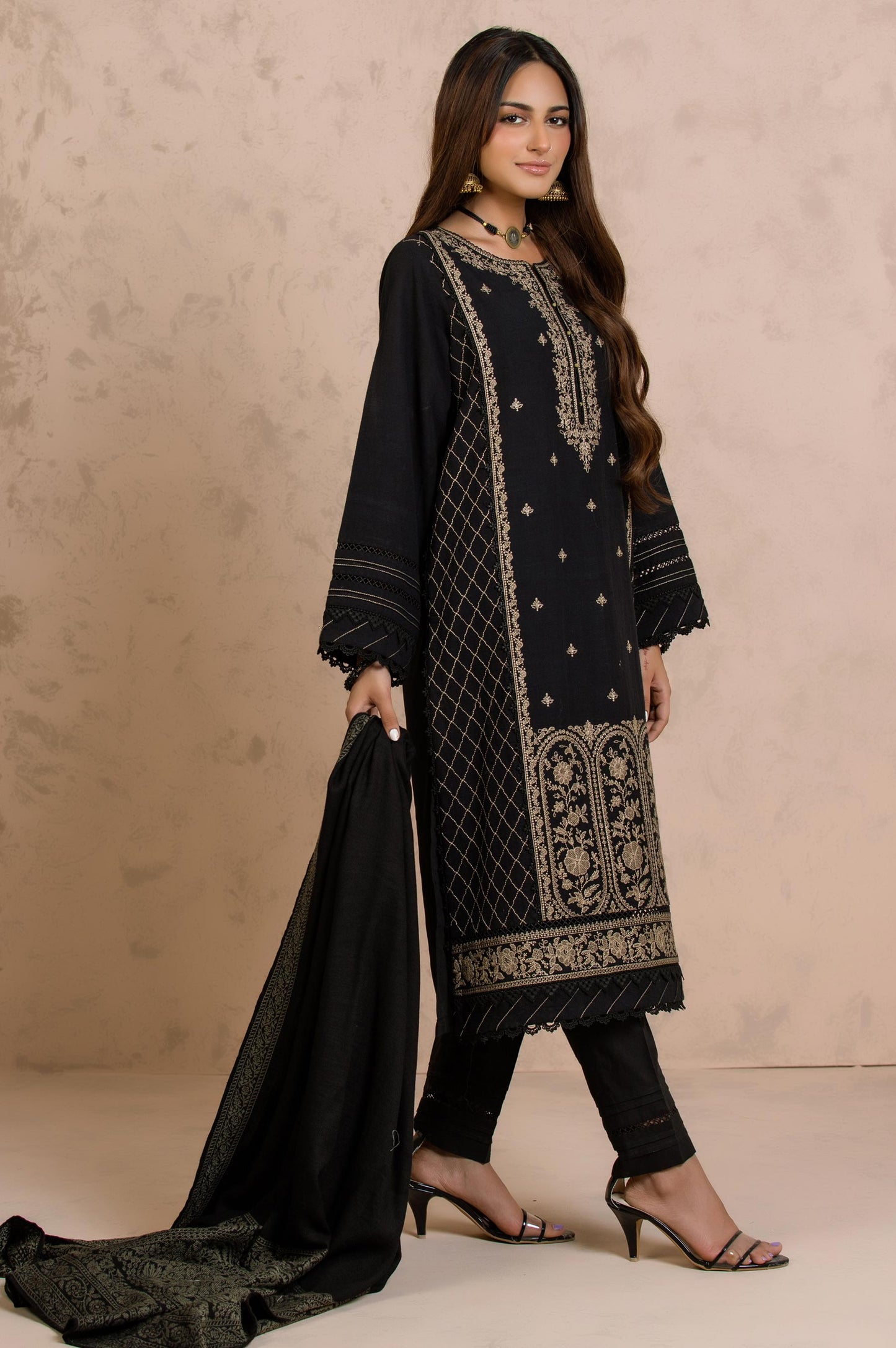Stitched 3 Piece Embroidered Khaddar with Jacquard Shawl Suit