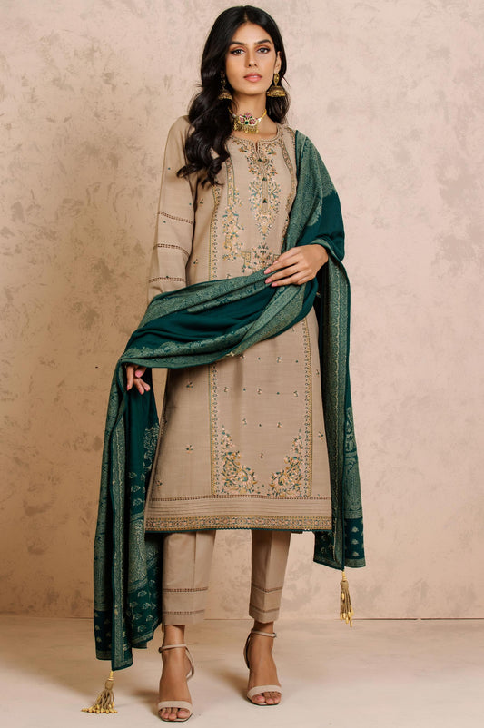 Stitched 3 Piece Embroidered Khaddar with Jacquard Shawl Suit