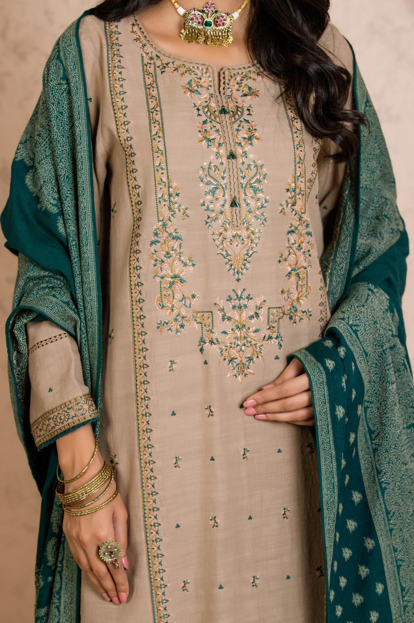 Stitched 3 Piece Embroidered Khaddar with Jacquard Shawl Suit