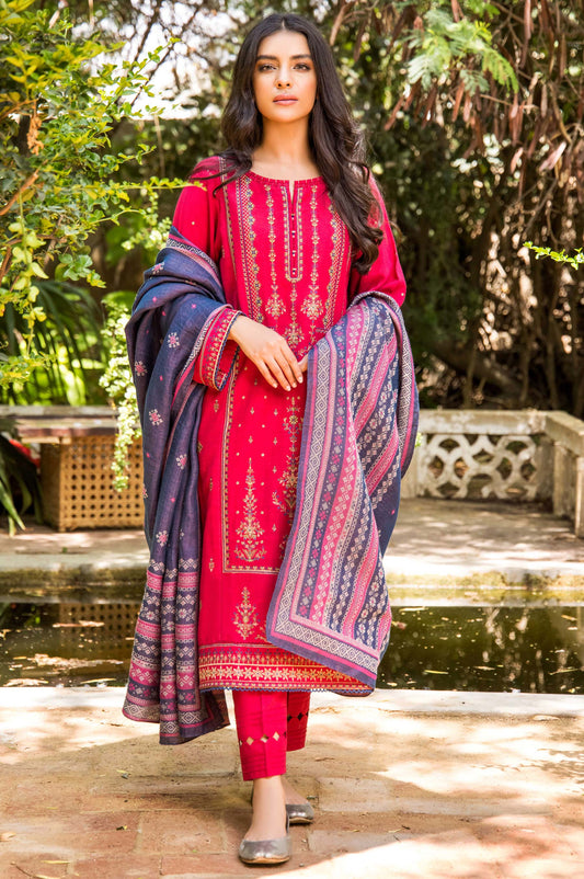 Stitched 3 Piece Embroidered Khaddar with Yarn Jacquard Shawl Suit