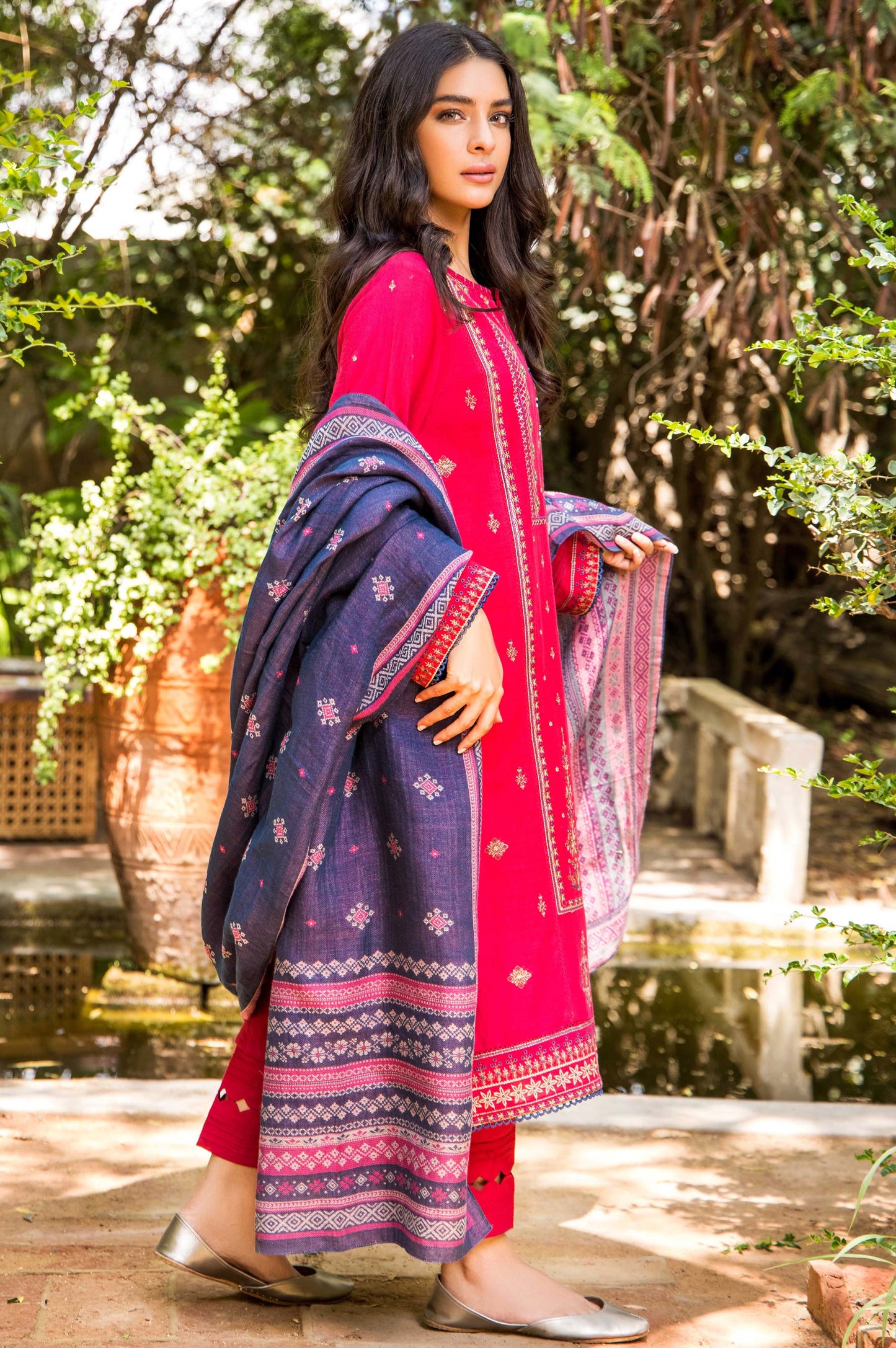 Stitched 3 Piece Embroidered Khaddar with Yarn Jacquard Shawl Suit