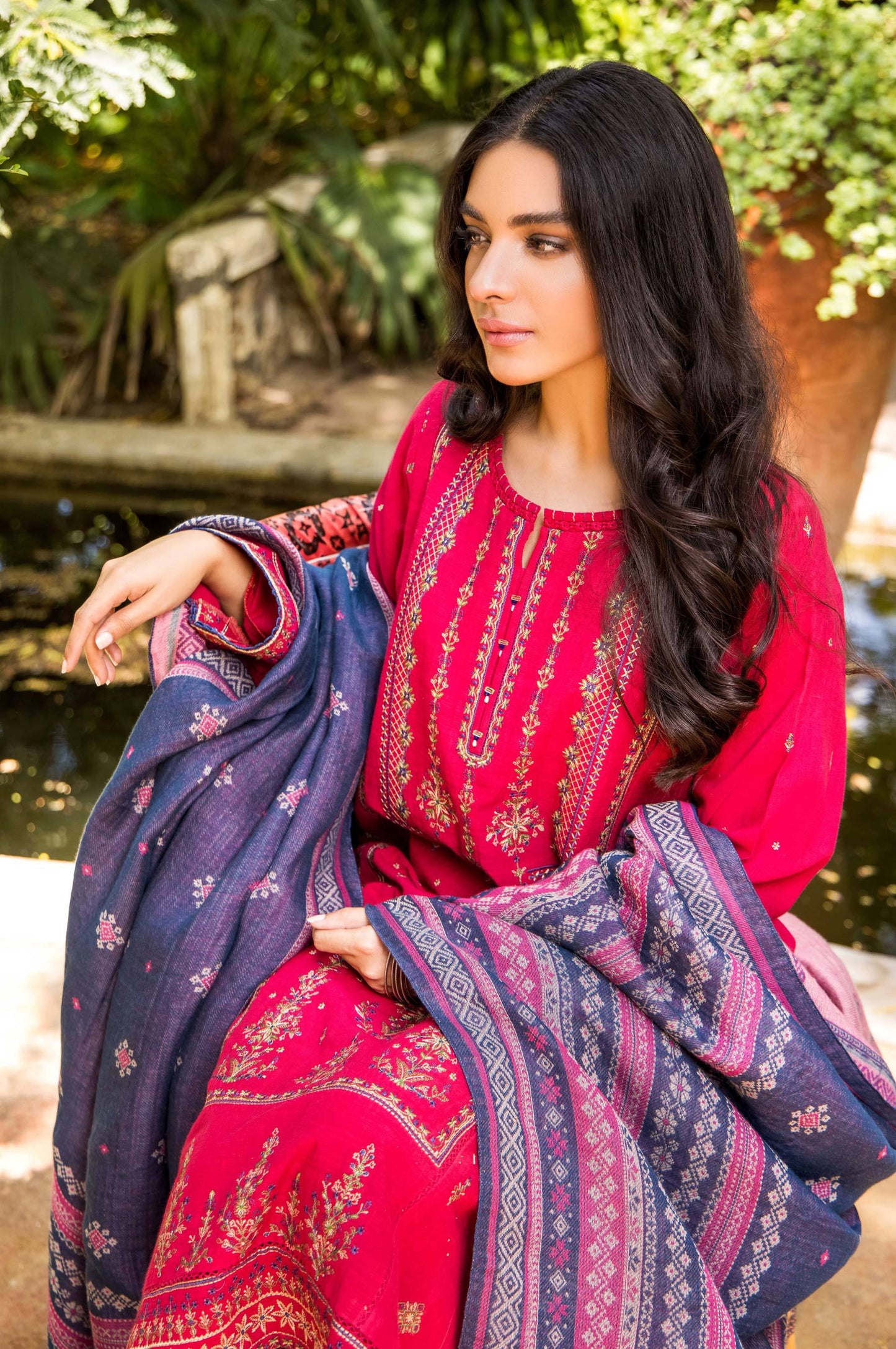 Stitched 3 Piece Embroidered Khaddar with Yarn Jacquard Shawl Suit