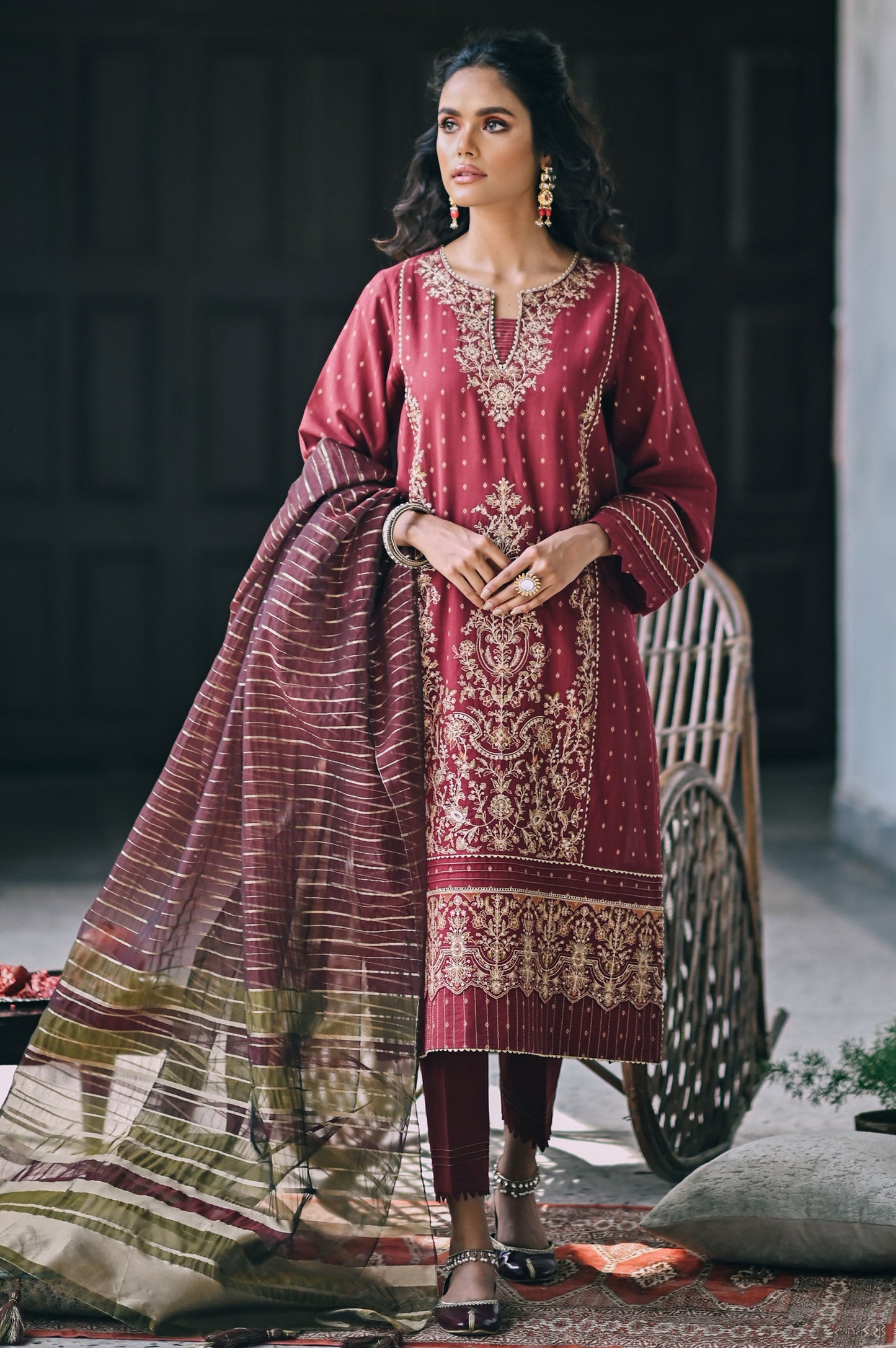 Stitched 3 Piece Maysuri Jacquard with Shaded Organza Suit