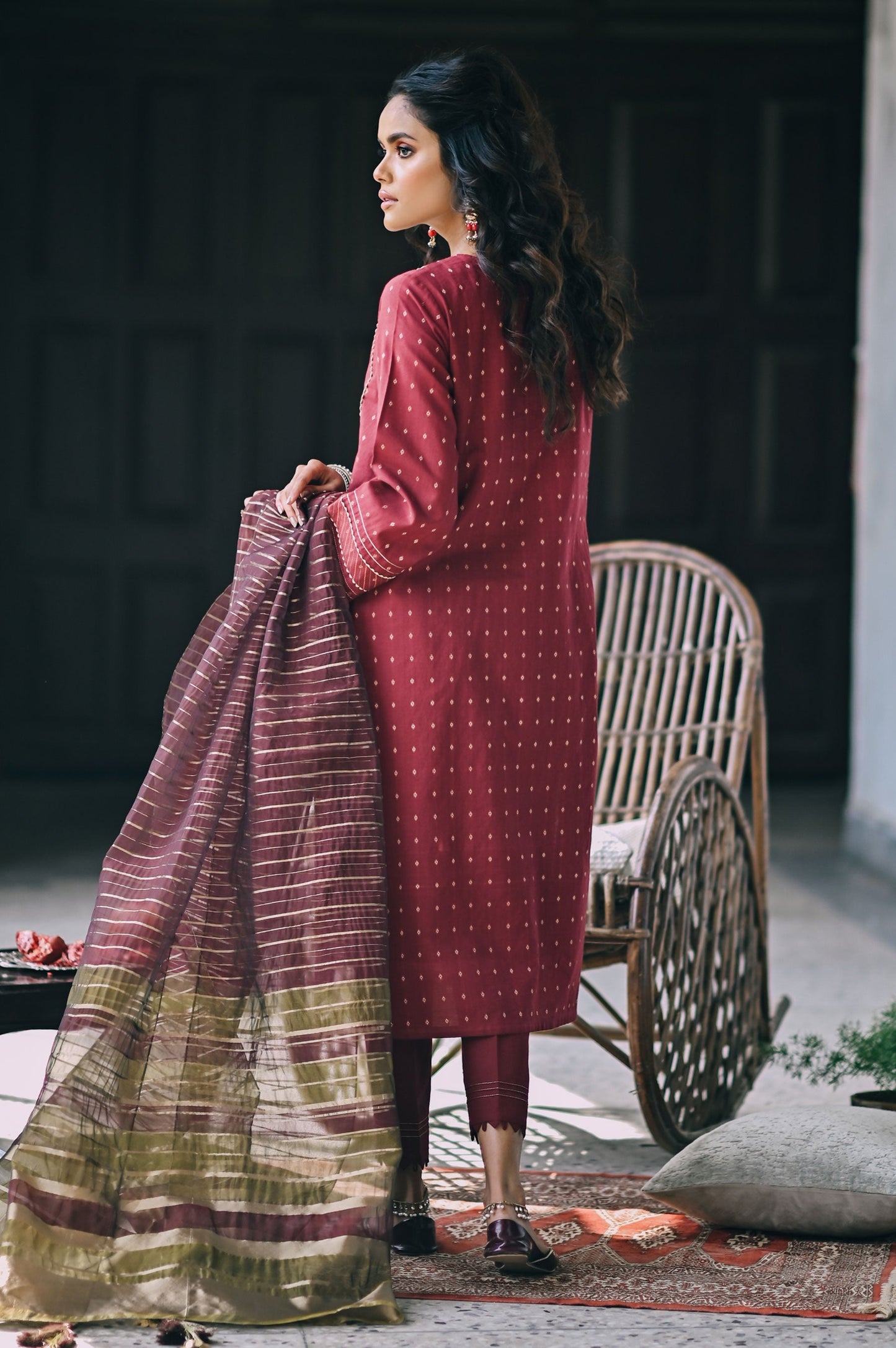 Stitched 3 Piece Maysuri Jacquard with Shaded Organza Suit