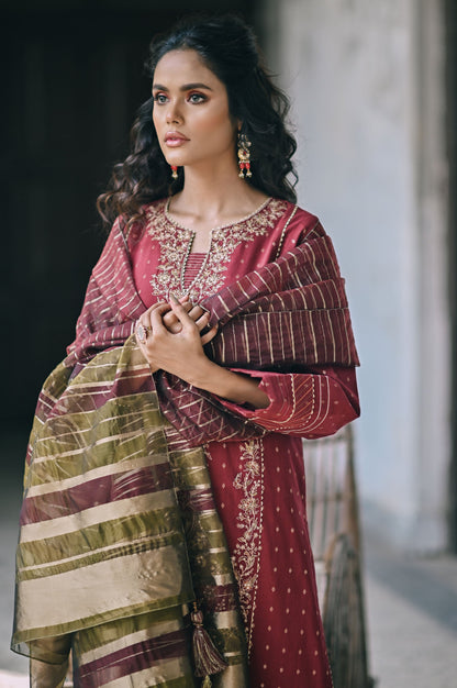 Stitched 3 Piece Maysuri Jacquard with Shaded Organza Suit