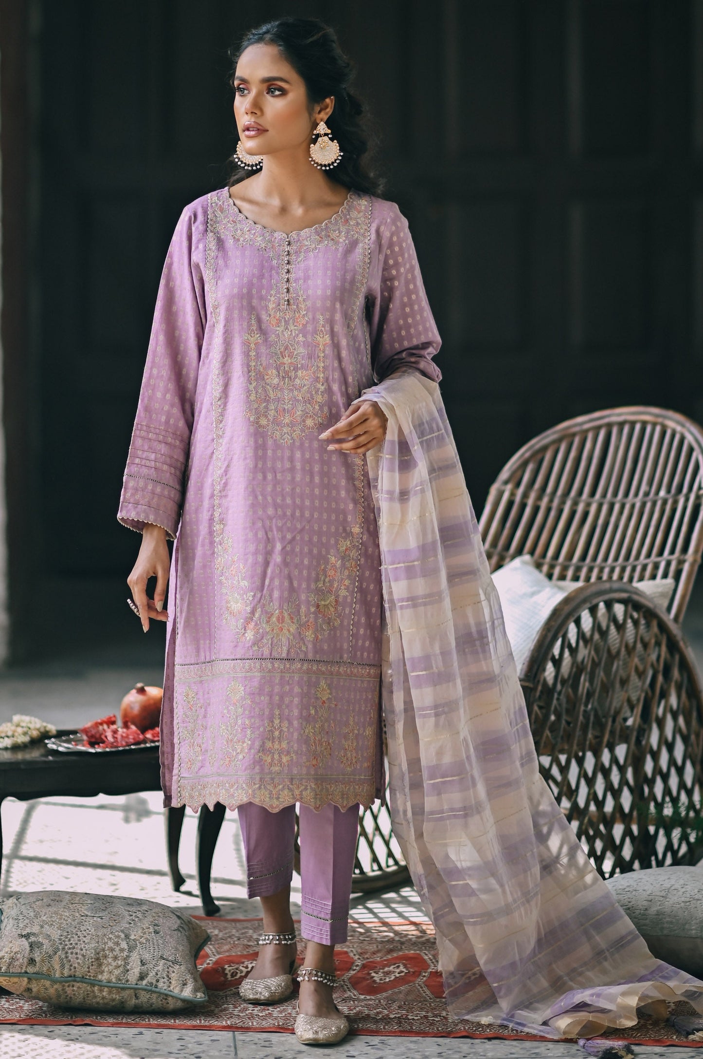 Stitched 3 Piece Maysuri Jacquard with Shaded Organza Suit
