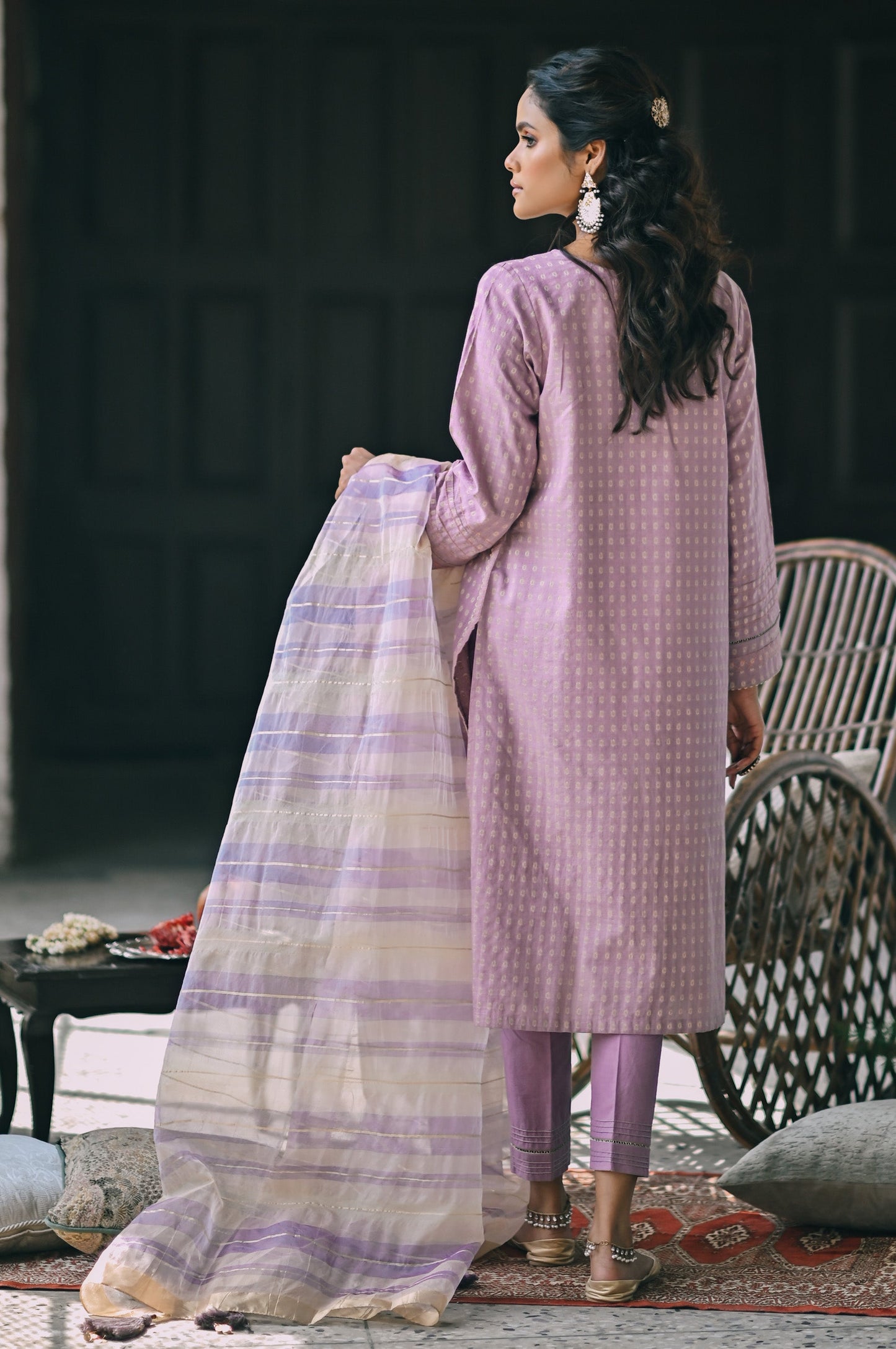 Stitched 3 Piece Maysuri Jacquard with Shaded Organza Suit