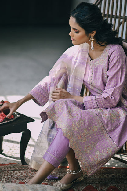 Stitched 3 Piece Maysuri Jacquard with Shaded Organza Suit