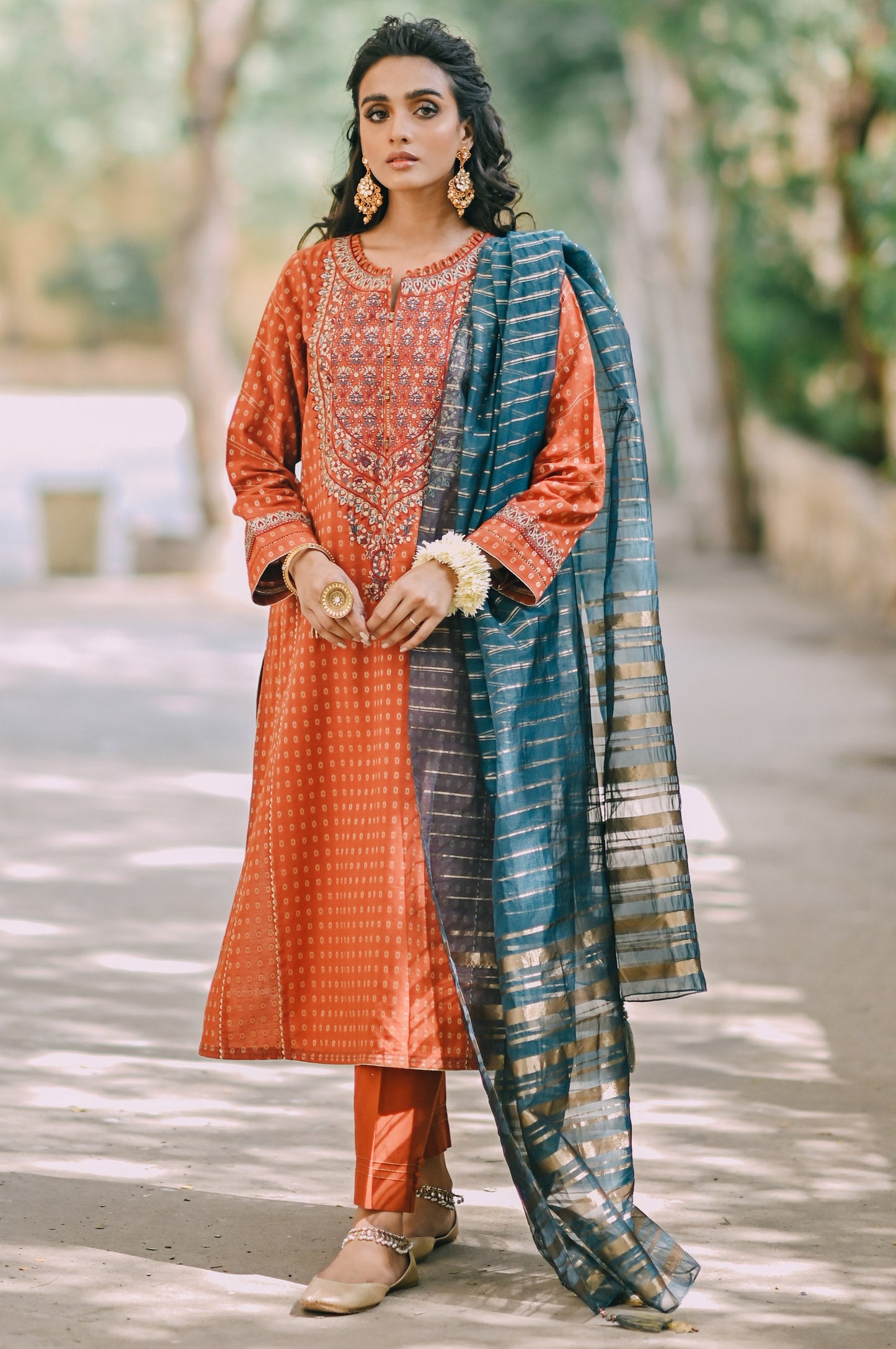 Stitched 3 Piece Maysuri Jacquard with Shaded Organza Suit