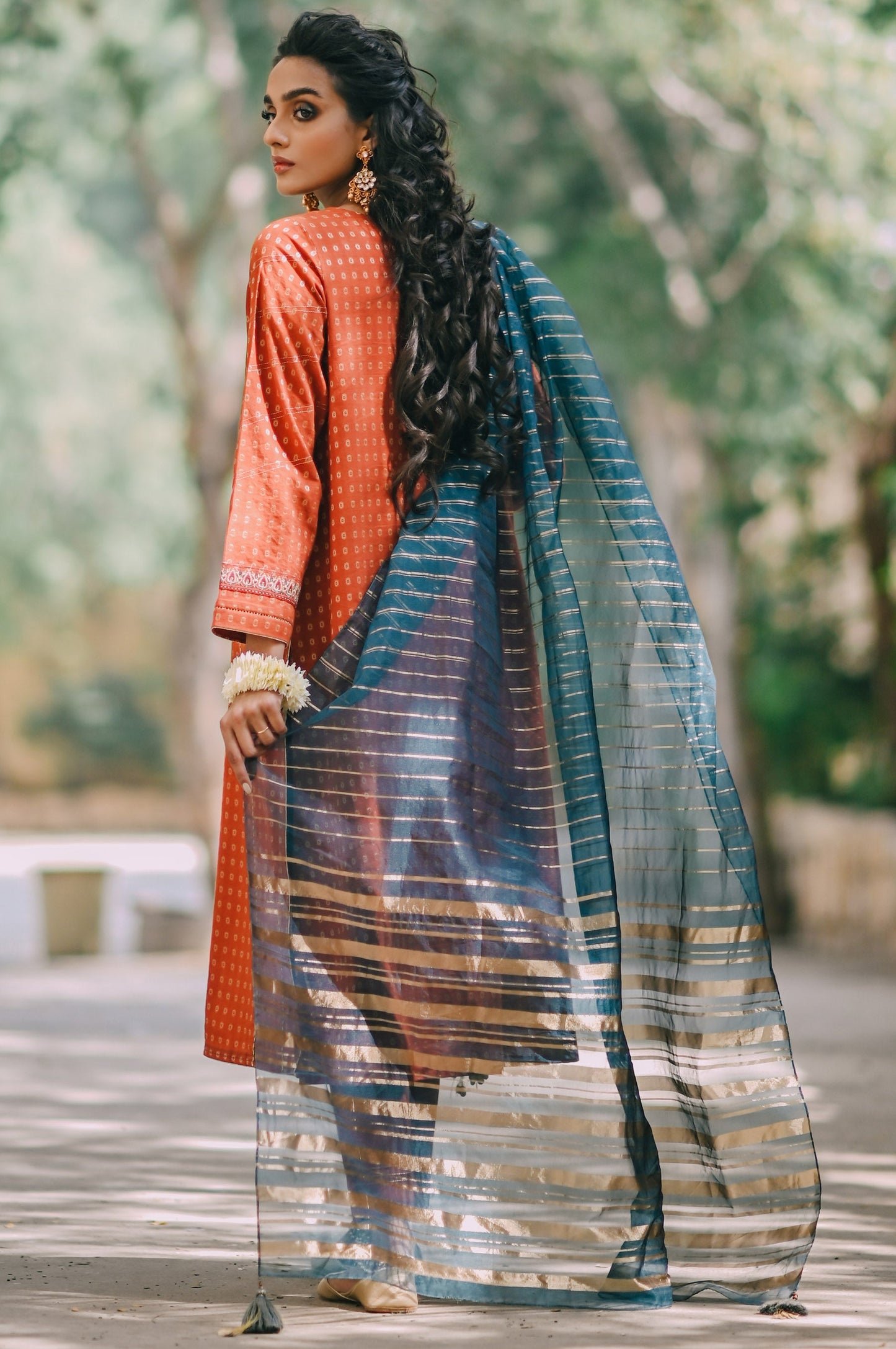 Stitched 3 Piece Maysuri Jacquard with Shaded Organza Suit