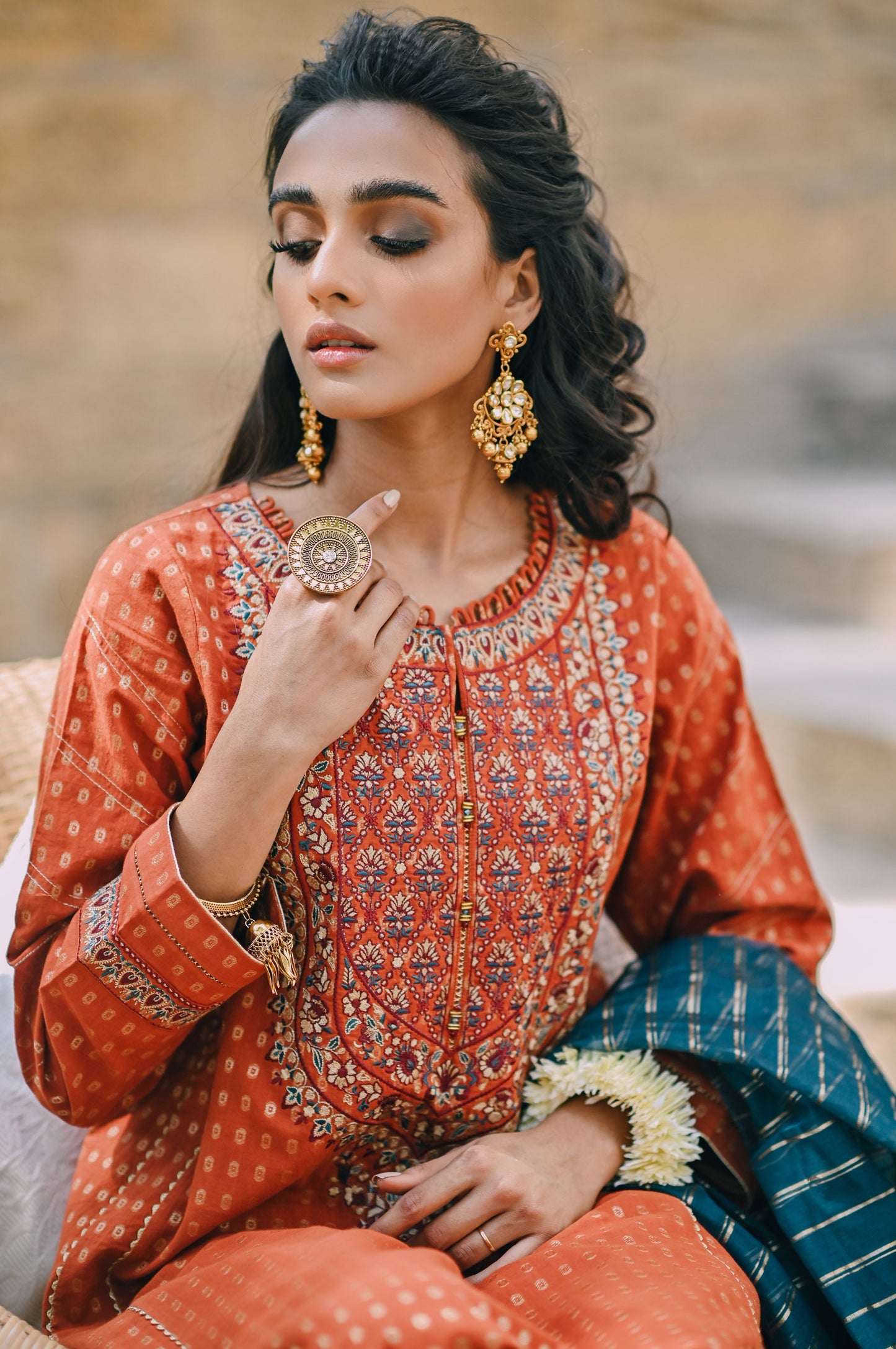 Stitched 3 Piece Maysuri Jacquard with Shaded Organza Suit