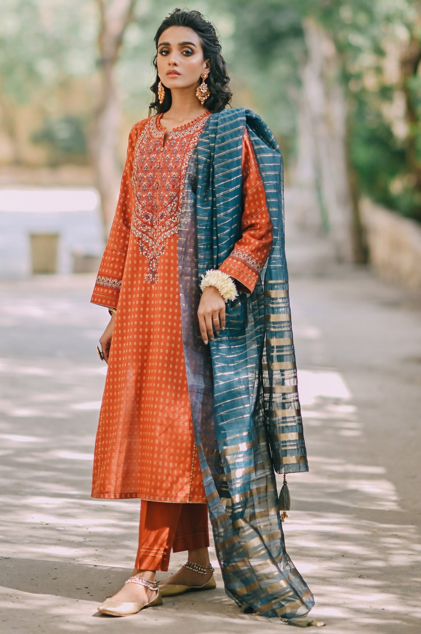 Stitched 3 Piece Maysuri Jacquard with Shaded Organza Suit