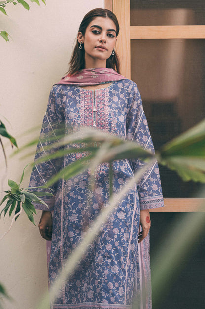 Stitched 3 Piece Embroidered Lawn shirt with Cotton Net Dupatta