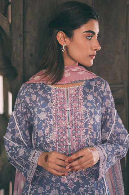 Stitched 3 Piece Embroidered Lawn shirt with Cotton Net Dupatta