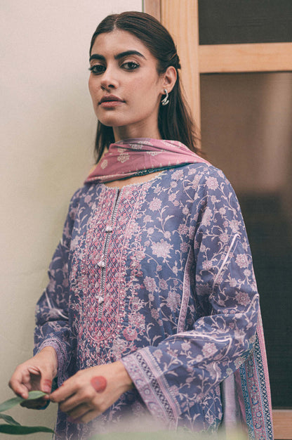 Stitched 3 Piece Embroidered Lawn shirt with Cotton Net Dupatta
