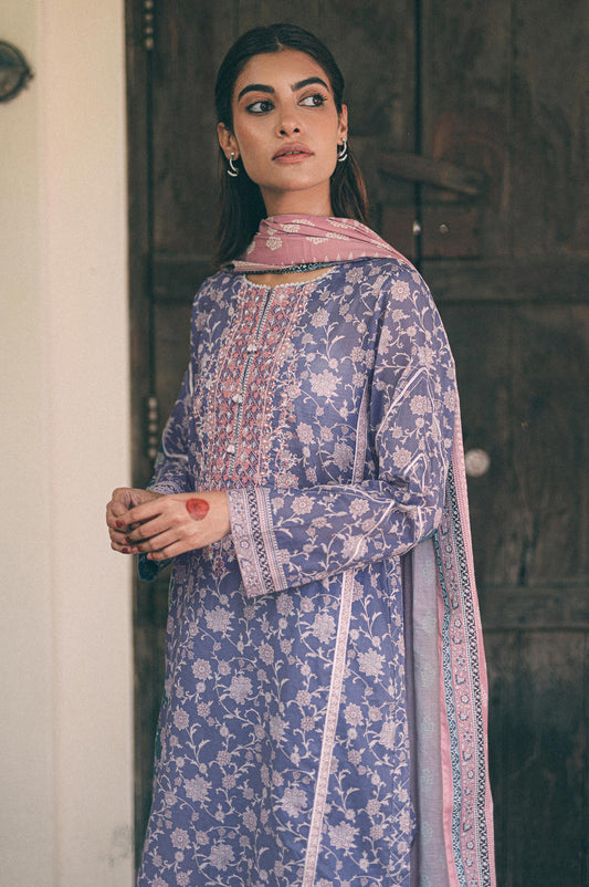 Unstitched 3 Piece Emroidered Lawn with Cotton Net Suit