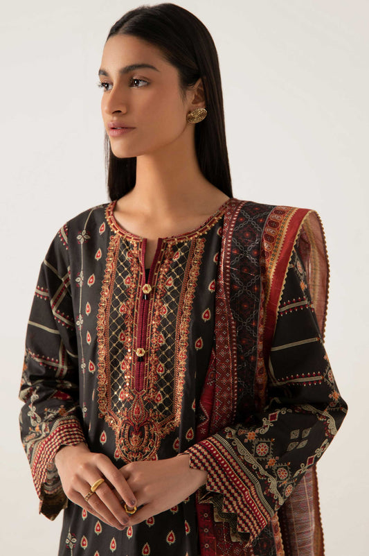 Stitched 3 Piece Embroidered Lawn shirt with Zari Organza Dupatta