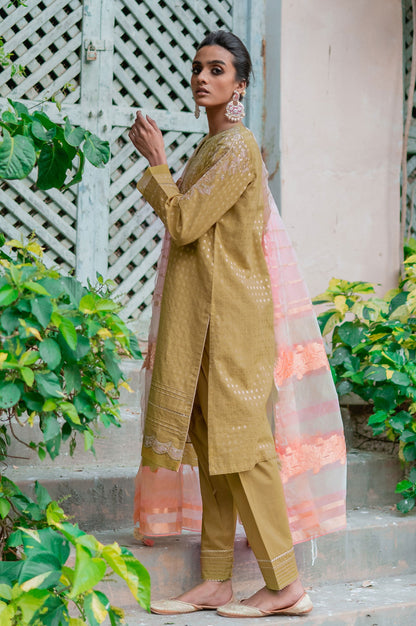 Stitched 3 Piece Maysuri Jacquard with Shaded Organza Suit