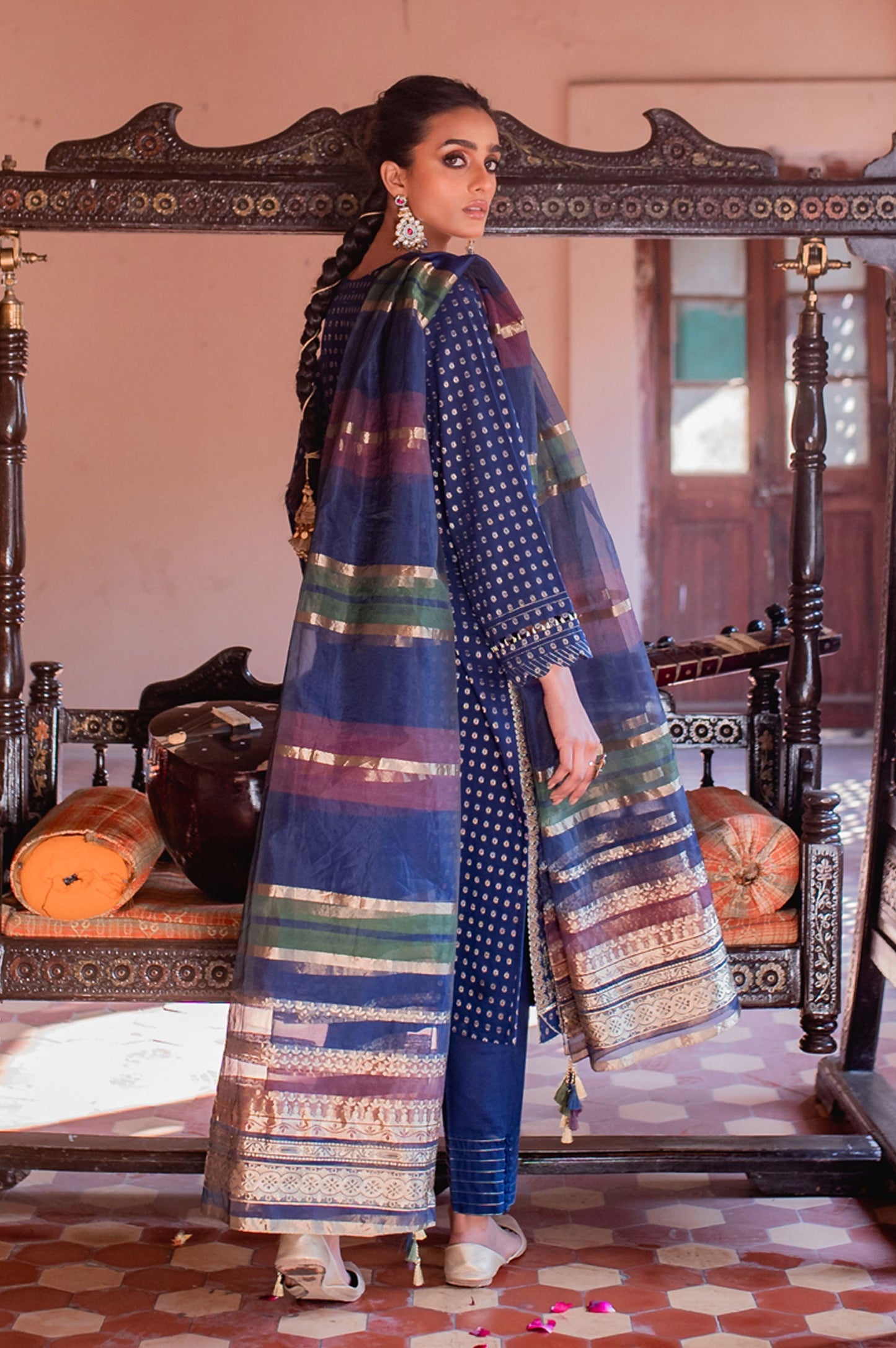 Stitched 3 Piece Maysuri Jacquard with Shaded Organza Suit