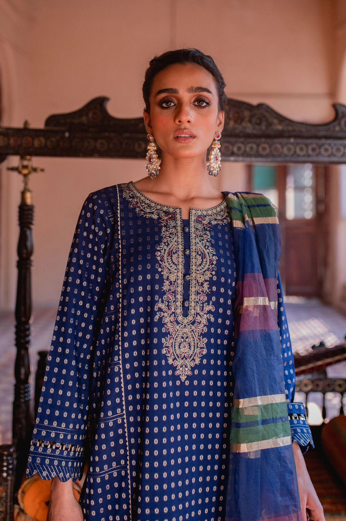 Stitched 3 Piece Maysuri Jacquard with Shaded Organza Suit