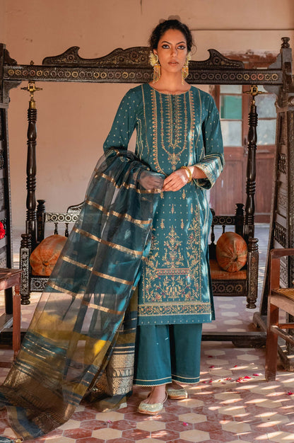 Stitched 3 Piece Maysuri Jacquard with Shaded Organza Suit