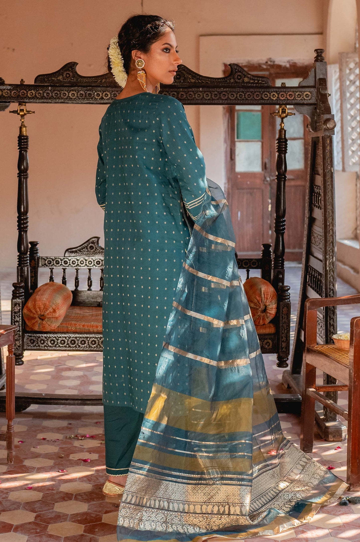 Stitched 3 Piece Maysuri Jacquard with Shaded Organza Suit