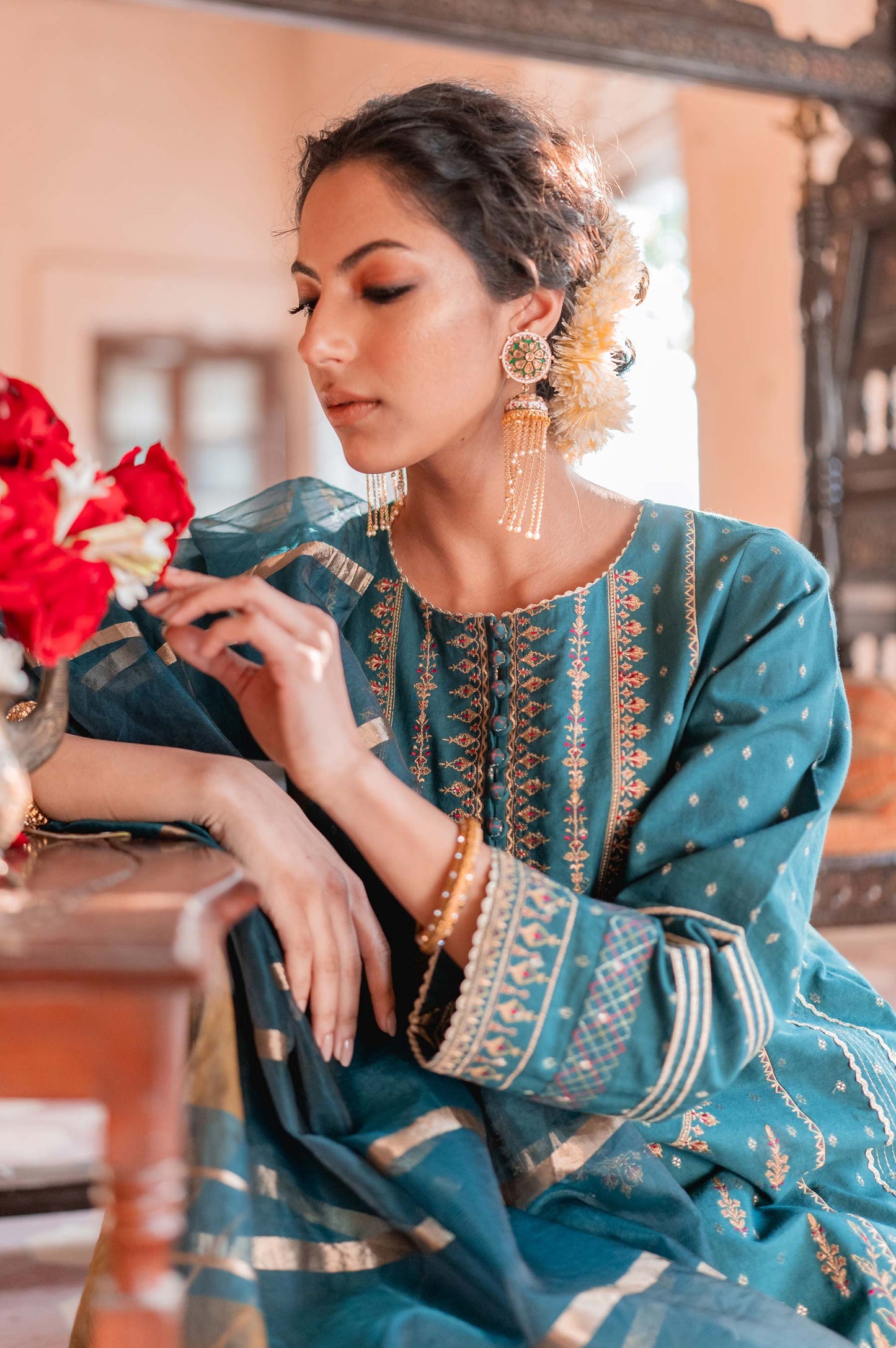 Stitched 3 Piece Maysuri Jacquard with Shaded Organza Suit