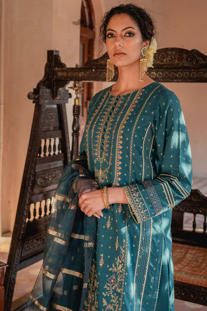 Stitched 3 Piece Maysuri Jacquard with Shaded Organza Suit