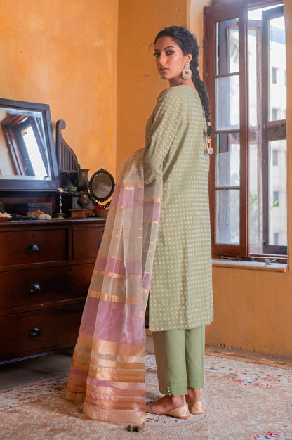 Stitched 3 Piece Maysuri Jacquard with Shaded Organza Suit