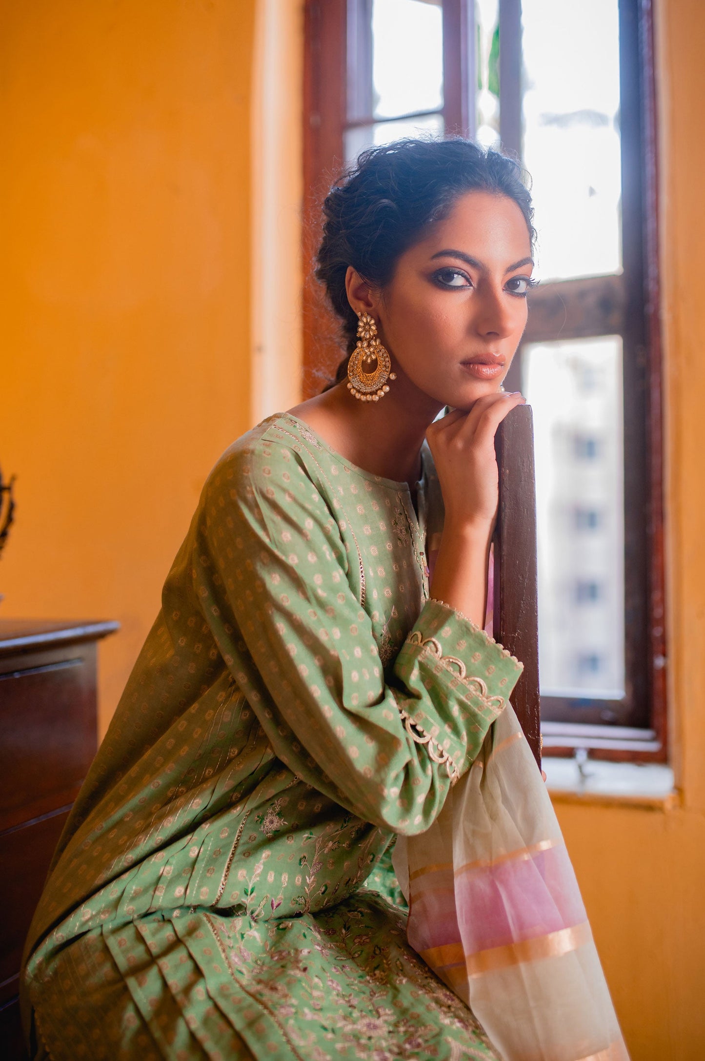 Stitched 3 Piece Maysuri Jacquard with Shaded Organza Suit