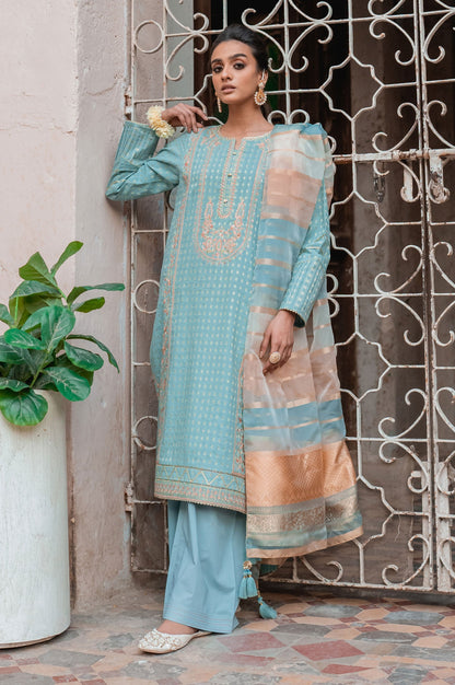 Stitched 3 Piece Maysuri Jacquard with Shaded Organza Suit
