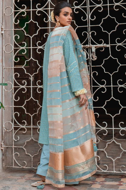 Stitched 3 Piece Maysuri Jacquard with Shaded Organza Suit
