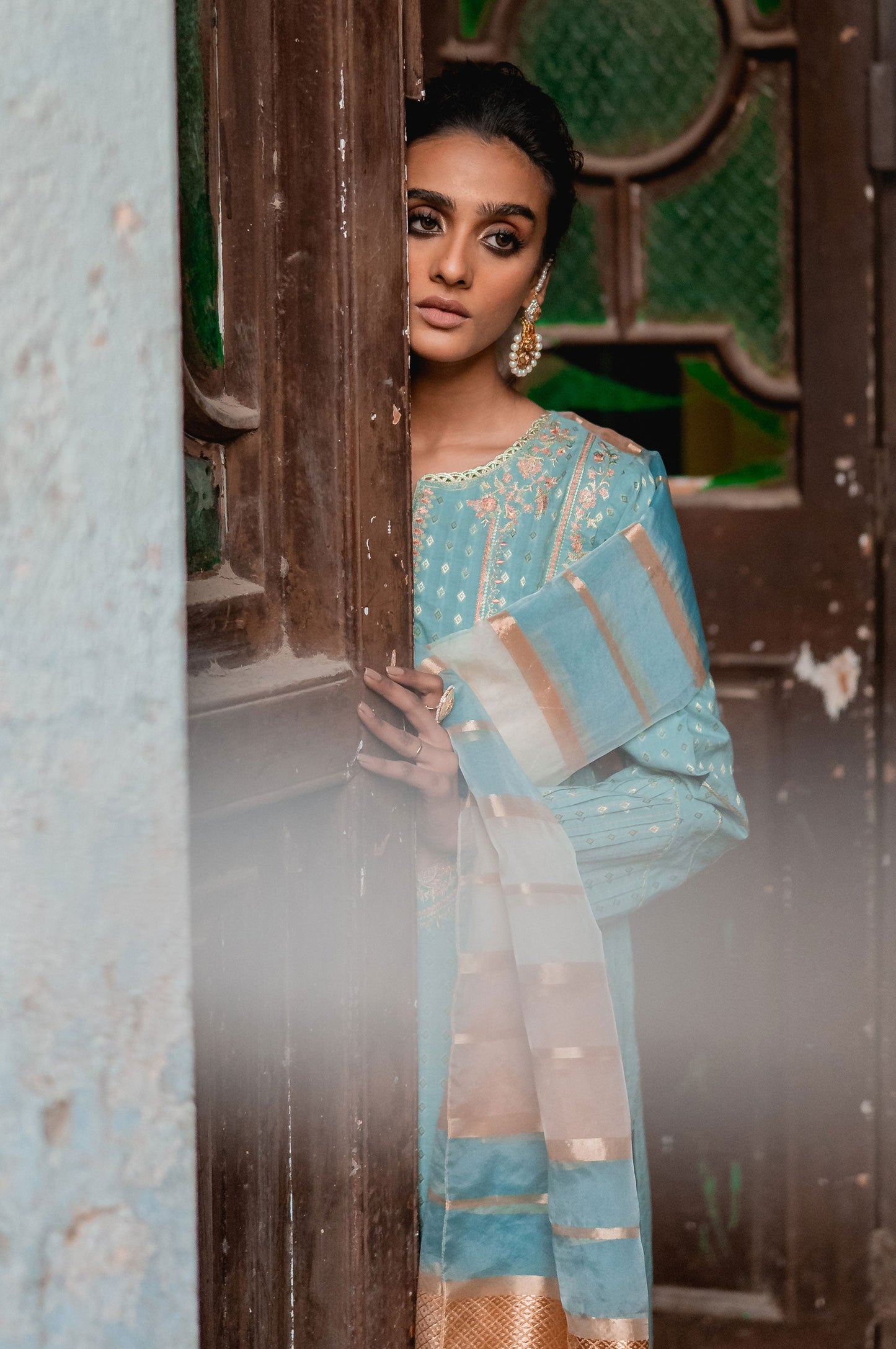 Stitched 3 Piece Maysuri Jacquard with Shaded Organza Suit