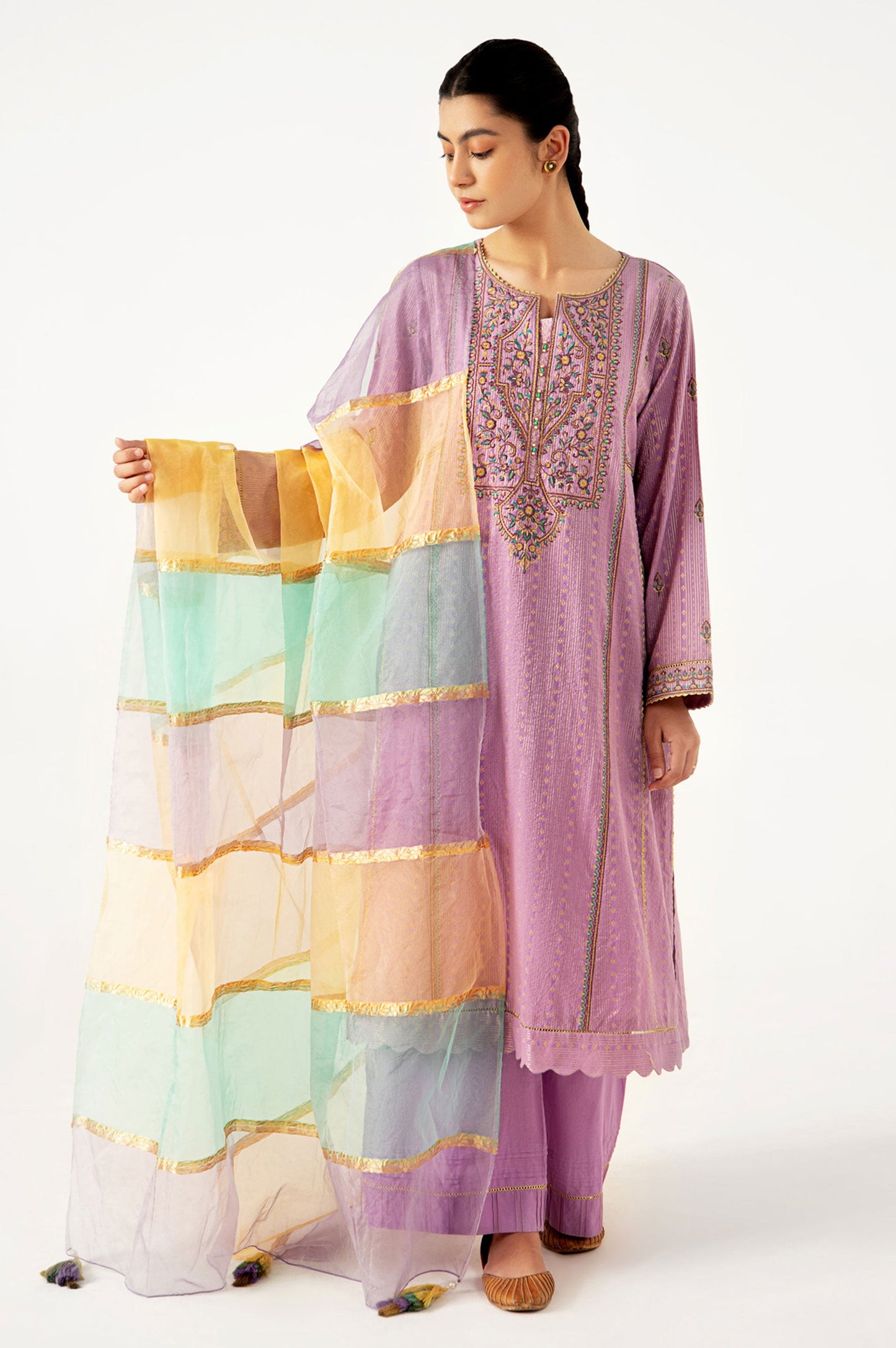 Stitched 3 Piece Maysuri Jacquard with Shaded Organza Suit