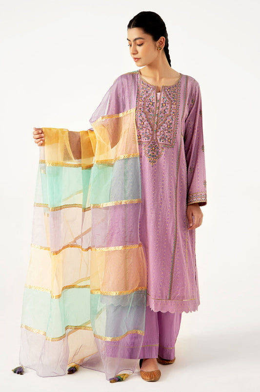 Stitched 3 Piece Maysuri Jacquard with Shaded Organza Suit