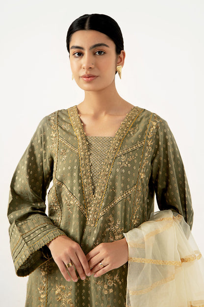 Stitched 3 Piece Maysuri Jacquard with Shaded Organza Suit