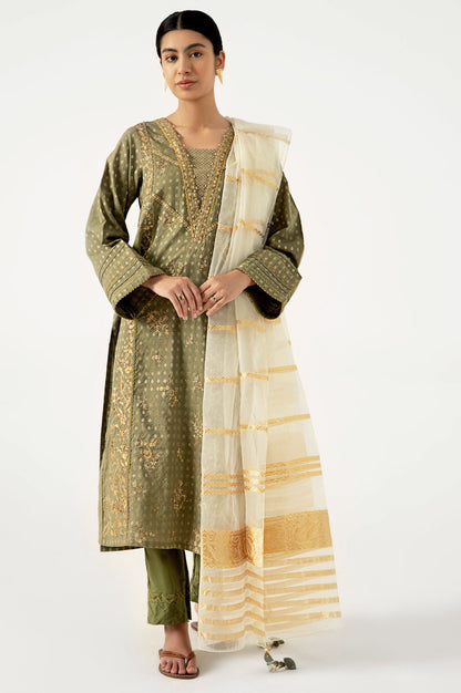 Stitched 3 Piece Maysuri Jacquard with Shaded Organza Suit